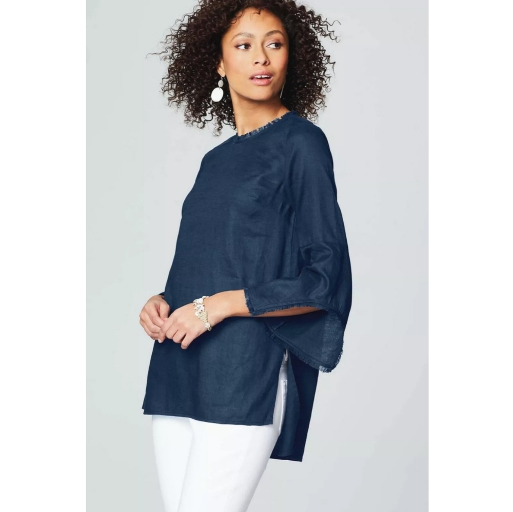 J. Jill Luxurious Linen Trimmed Navy Fringe Top